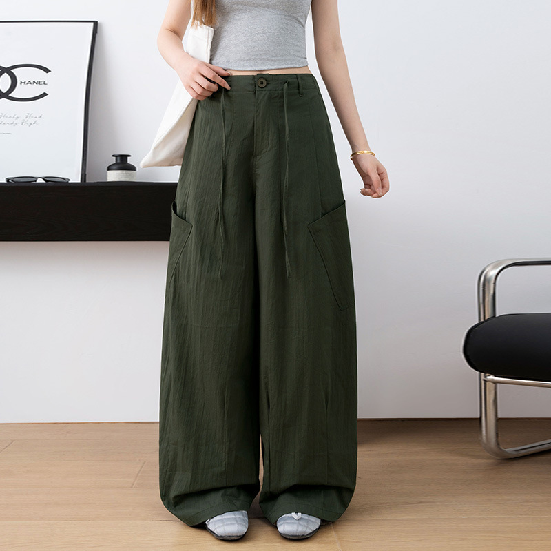 Textured Large Patch Pocket Wide-Leg Pants for Women, Summer Thin Style, Three-Dimensional Cut, Light Outdoor Casual Straight-Leg Work Pants