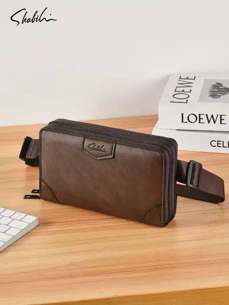 Cross-border men's dual-use waist bag, horizontal style, commuter double-zipper storage pouch, vintage distressed single-shoulder phone crossbody bag