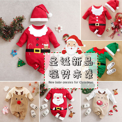 Baby Christmas one-piece suit Autumn style cross-border New Year crawling suit cotton long-sleeved hooded top clothing