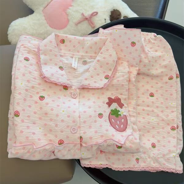 Cute Polka Dot Strawberry Pajamas for Women Ins Style Summer Short-Sleeved Shorts Suit Doll Collar Beautiful Girl Home Clothes Cute Polka Dot Strawberry Pajamas for Women Ins Style Summer Short-Sleeved Shorts Suit Doll Collar Beautiful Girl Home Clothes