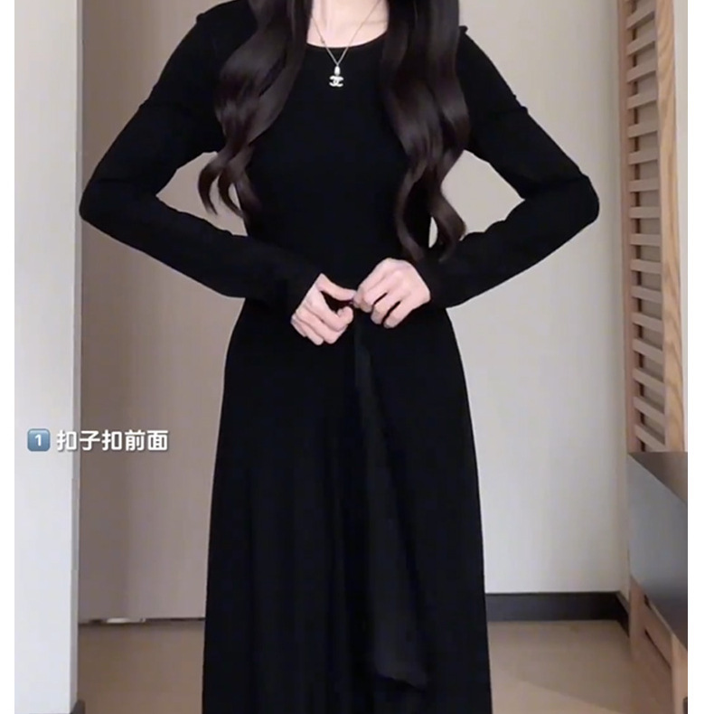 法式赫本风不规则黑色连衣裙子女春秋季2025年新款小个子气质长裙|undefined