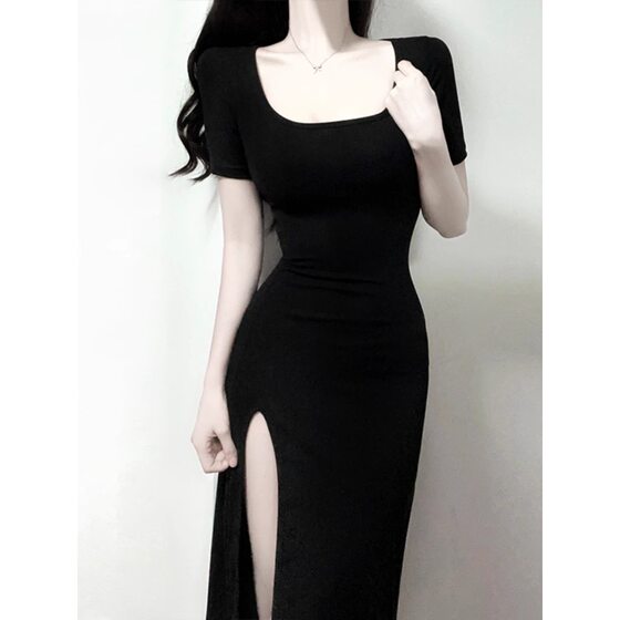 French Casual Black dress Women's New Summer Elegant Women's Design Sense Split Slim-fit Slim-fit Sheath