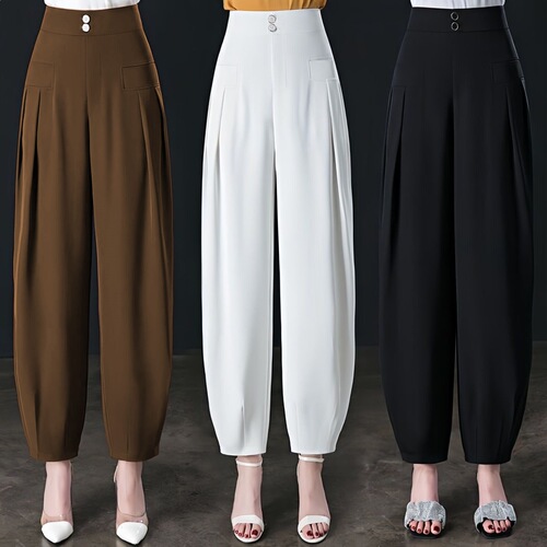 Large size loose Lisse diagonal fabric summer thin cropped pants, high waist casual wide-leg pendant bloomers for women