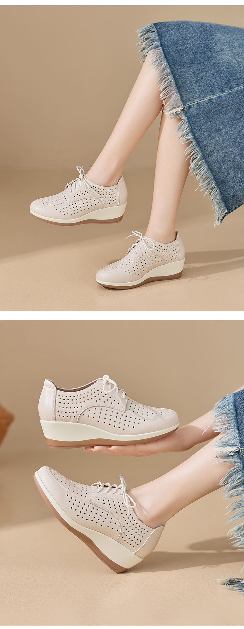 Giày da bò đục lỗ nữ đế xuồng platform gót 5 cm — màu trắng ngà chi tiết 6