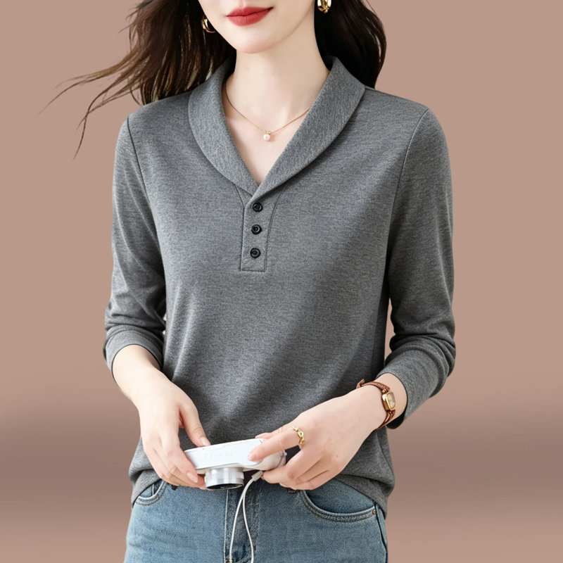 Early autumn women's base shirt, suitable for both inner and outer wear, stylish turn-down collar, long-sleeved t-shirt for middle-aged women, gray high-end top Early autumn women's base shirt, suitable for both inner and outer wear, stylish turn-down collar, long-sleeved t-shirt for middle-aged women, gray high-end top