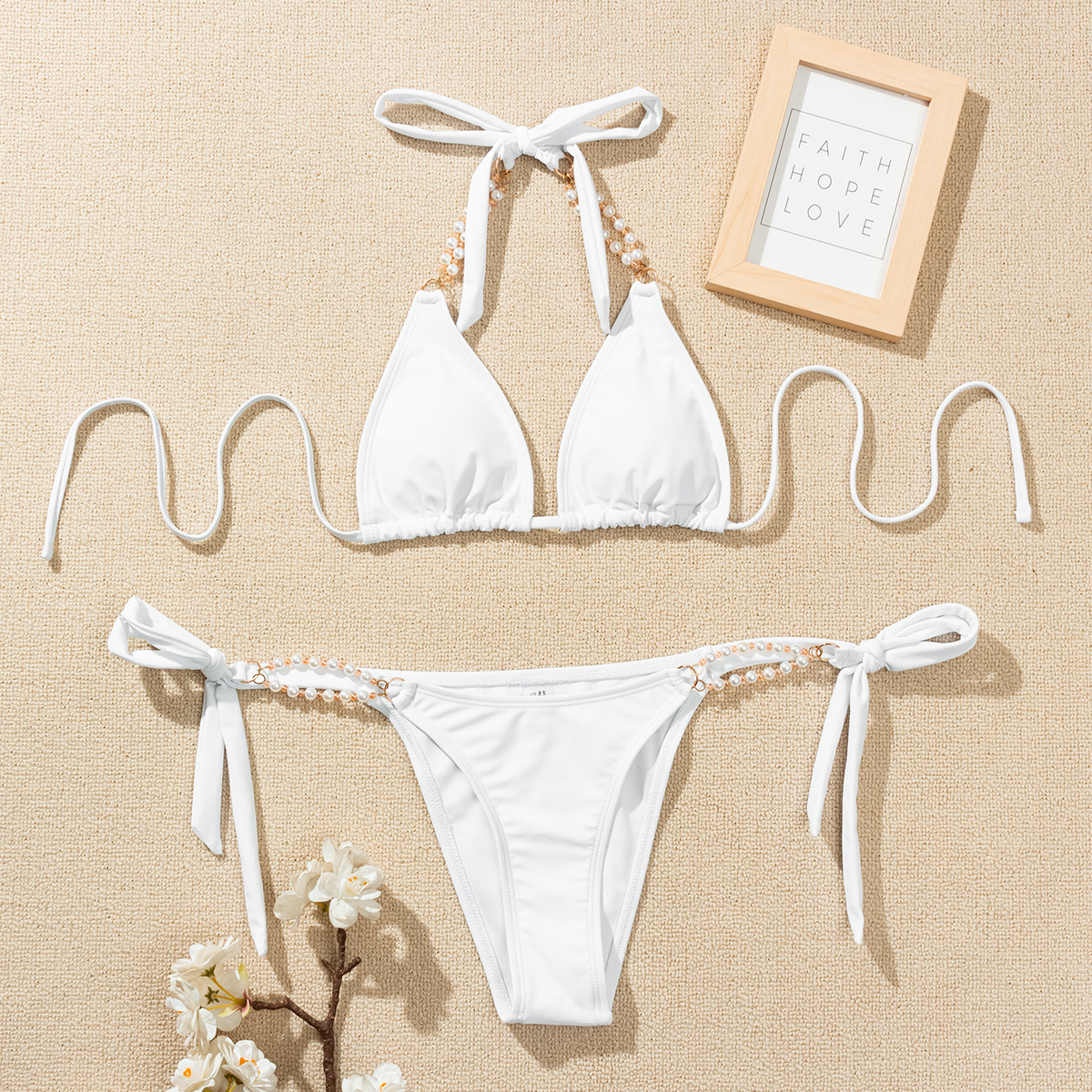 White pearl halter split bikini NSZO42839