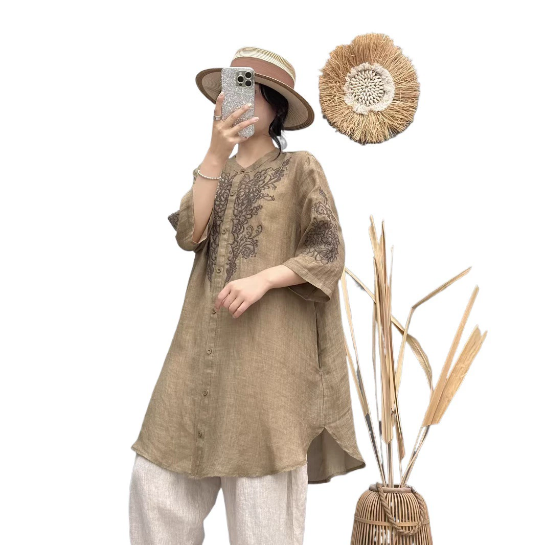 Кардиган с круглым воротником, рубашка, oversize, с вышивкой