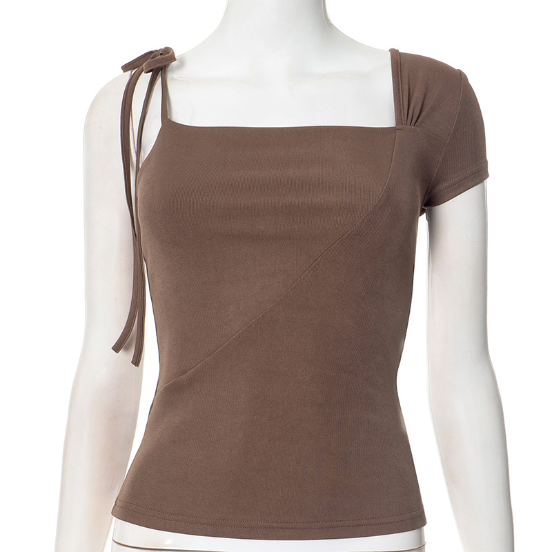 Women Clothing Summer Pleated One Shoulder Backless Twisted Lace up Asymmetric T shirt Top