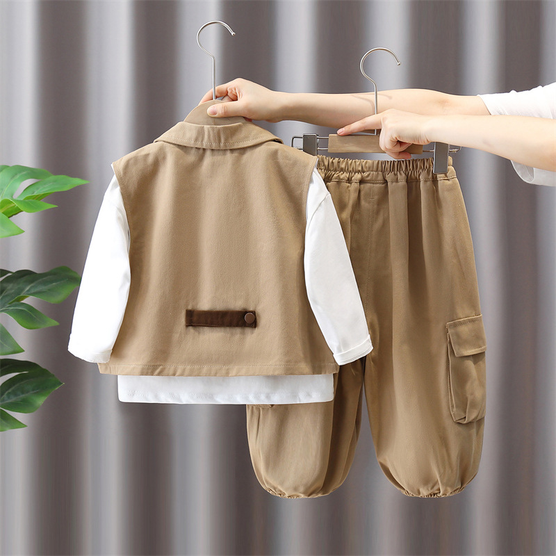 5876 Traje de otoño para niños 2025 Nuevo estilo primavera y otoño Chaleco para niños Ropa de trabajo Traje de tres piezas para niños y bebés