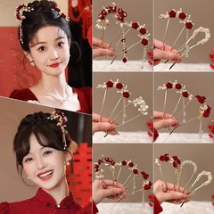 新春中式玫瑰流苏发钗新娘结婚订婚U型盘发簪后脑勺发饰