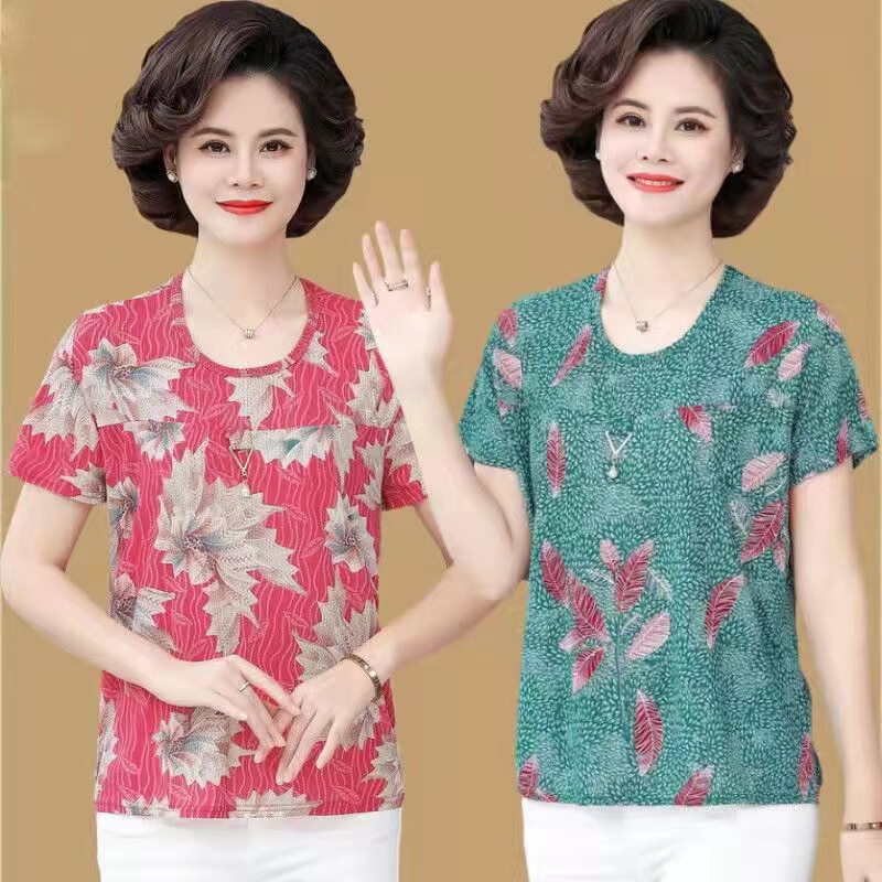 Summer Plus-Size Short-Sleeve Tops for Middle-Aged and Elderly Women, Ice Silk Loose-Fitting T-Shirts, Casual Korean and Japanese Style Streetwear
