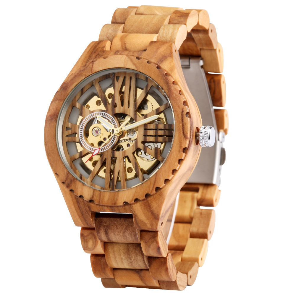 2024 New Wooden Watch Hot-Selling Cherry Wood Three-Bead Strap Skeleton Dial Automatic Mechanical Wooden Watch Men's Wristwatch