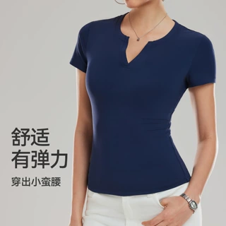 跨境正肩圆领短袖T恤女夏季收腰弹力健身运动瑜伽服美式辣妹上衣