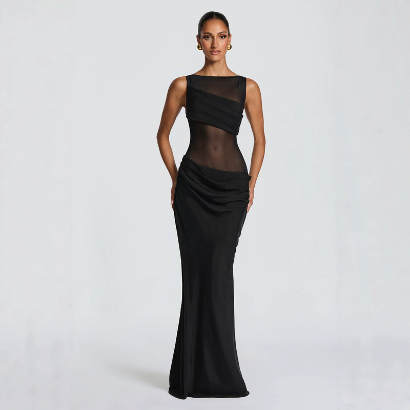 Elegant Women's Sleeveless Round-Neck Black Mermaid Long Cocktail Dress with Ruched and Sheer Details on the Chest Elegant Women's Sleeveless Round-Neck Black Mermaid Long Cocktail Dress with Ruched and Sheer Details on the Chest