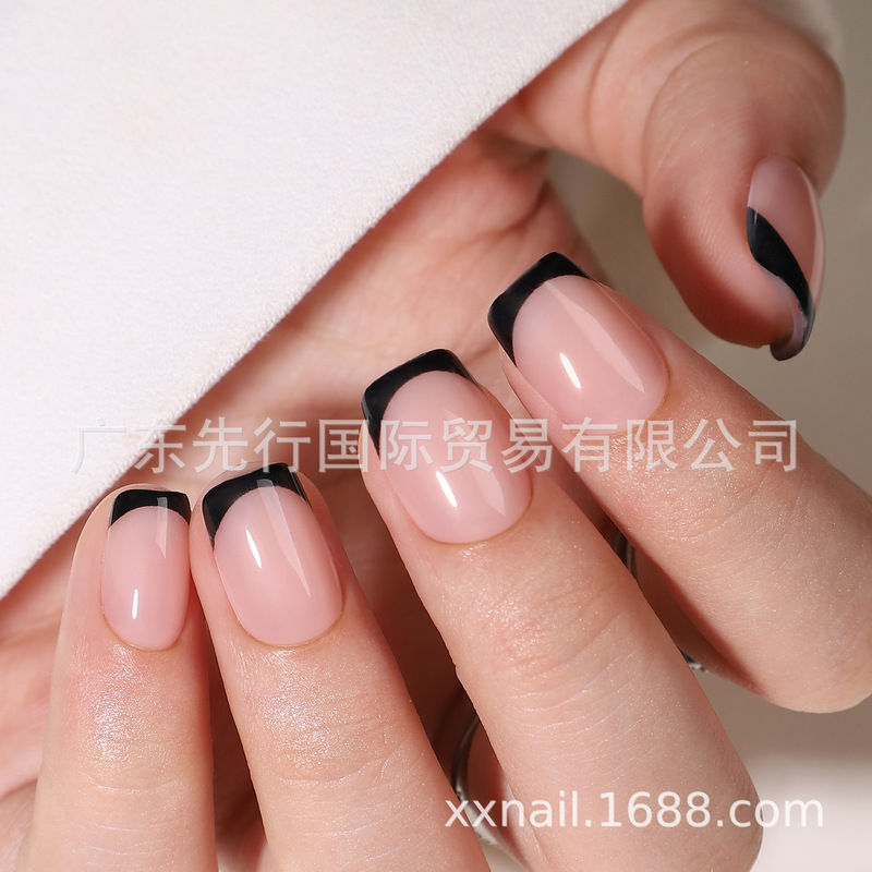 32Pcs Nails 16Size Gel Soft Nails Black French Press-On Fake Nails Nail Art Patch Wearable Nail Tips