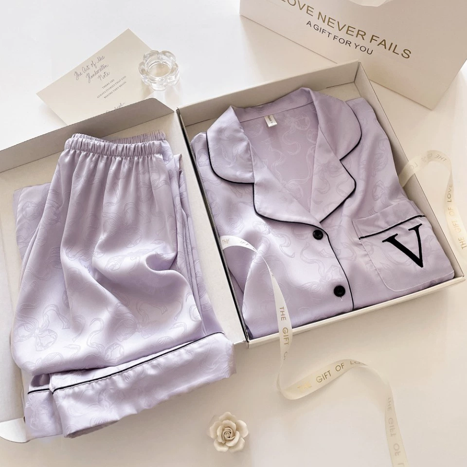 [Dance Butterfly Узел V] Осенний новый легкий роскошный бант высокого уровня тонкий ледяной шелк пижамы