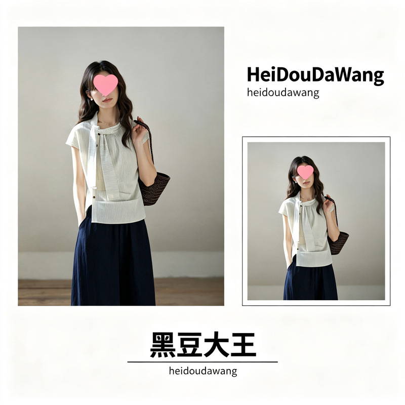 Casual Vertical Striped Short-Sleeve Shirt for Women, Summer Cotton, Asymmetrical Design with Fluttering Collar and Raglan Sleeves Casual Vertical Striped Short-Sleeve Shirt for Women, Summer Cotton, Asymmetrical Design with Fluttering Collar and Raglan Sleeves
