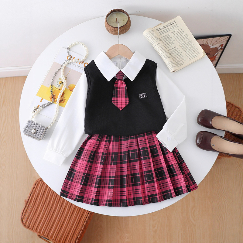Girls' Preppy Style Four-Piece Set for the Back-To-School Season, New Shirt, Vest, Pink Plaid Skirt, Tie Suit, Four-Piece Set Girls' Preppy Style Four-Piece Set for the Back-To-School Season, New Shirt, Vest, Pink Plaid Skirt, Tie Suit, Four-Piece Set