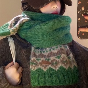 2024 New Fair Isle Style Jacquard Wool Knitted Scarf Women's Literary Advanced Warm and Cold Protection Thickened Scarf St.