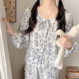 复古水墨画长袖长裤睡衣早秋新品花边圆领少女舒适棉纱家居服套装