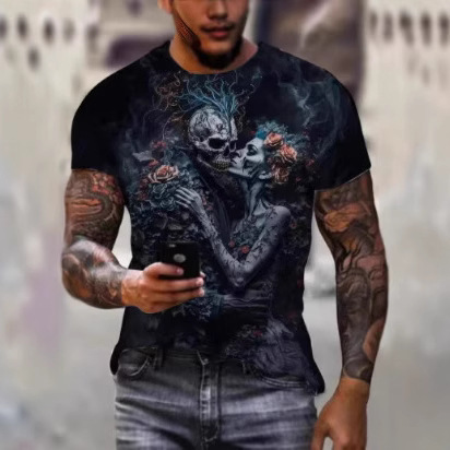 2025 Summer Skull Print T-Shirt Loose Breathable Plaid Round Neck Fashion Casual T-Shirt 2025 Summer Skull Print T-Shirt Loose Breathable Plaid Round Neck Fashion Casual T-Shirt