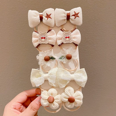 cute baby hair accessories, Saç üçün rezinlər - f8179-5-five-star-bow-10-piece-set-opp-bag