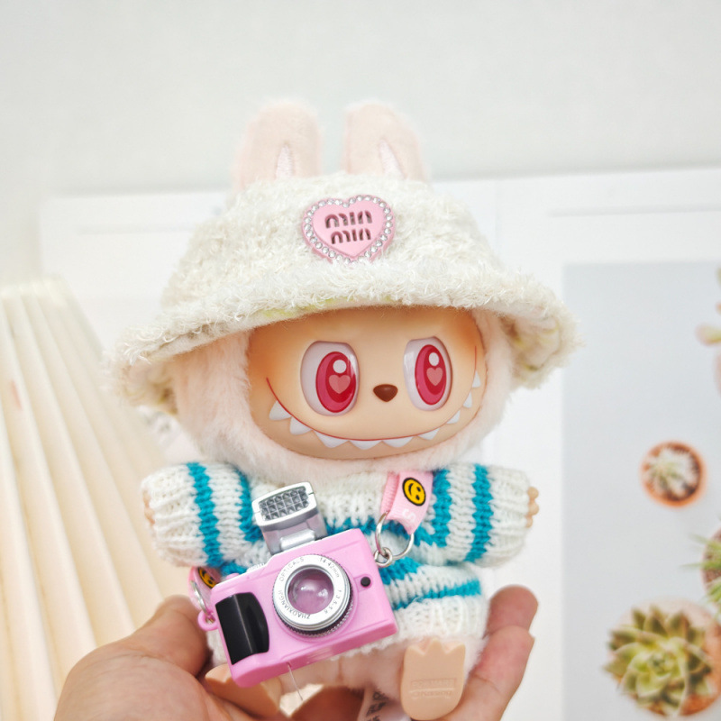 17 センチメートルビニールぬいぐるみマカロンラブブ LABUBU ベビー服ピンクのガーゼスカートヘアアクセサリー交換服|undefined