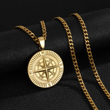 跨境热销不锈钢指南针吊坠项链朋克风不褪色硬币罗盘男士嘻哈项链