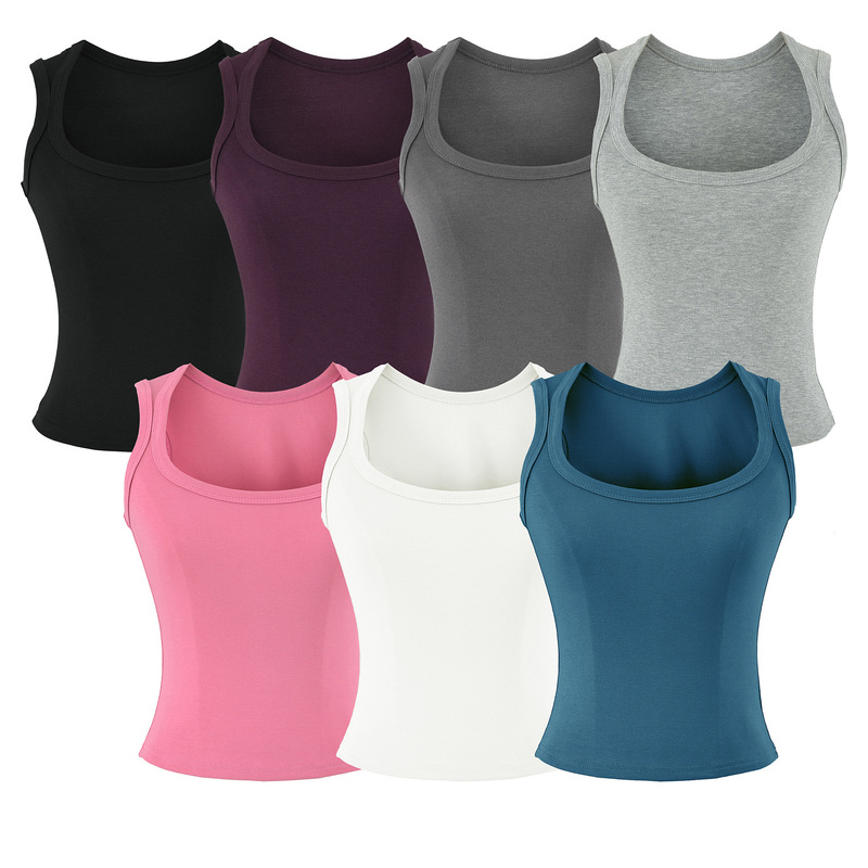 Basic minimalist workwear tank top with a large U-neck, narrow shoulder straps, and sleeveless design Basic minimalist workwear tank top with a large U-neck, narrow shoulder straps, and sleeveless design
