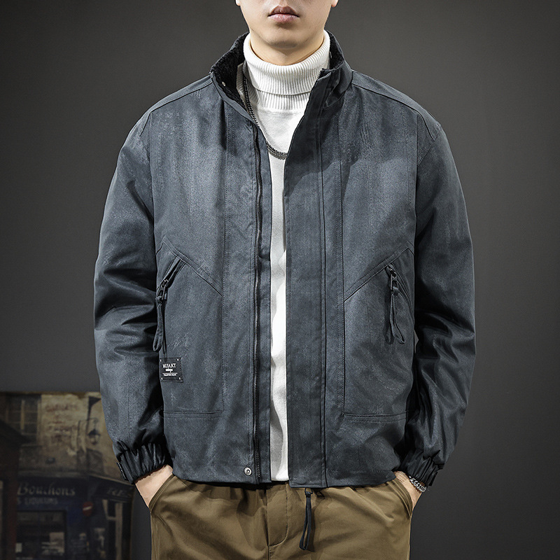 2025 Autumn New Lamb Velvet Lined Work Jacket Men's Trendy American Retro Loose Large Size Stand Collar Top