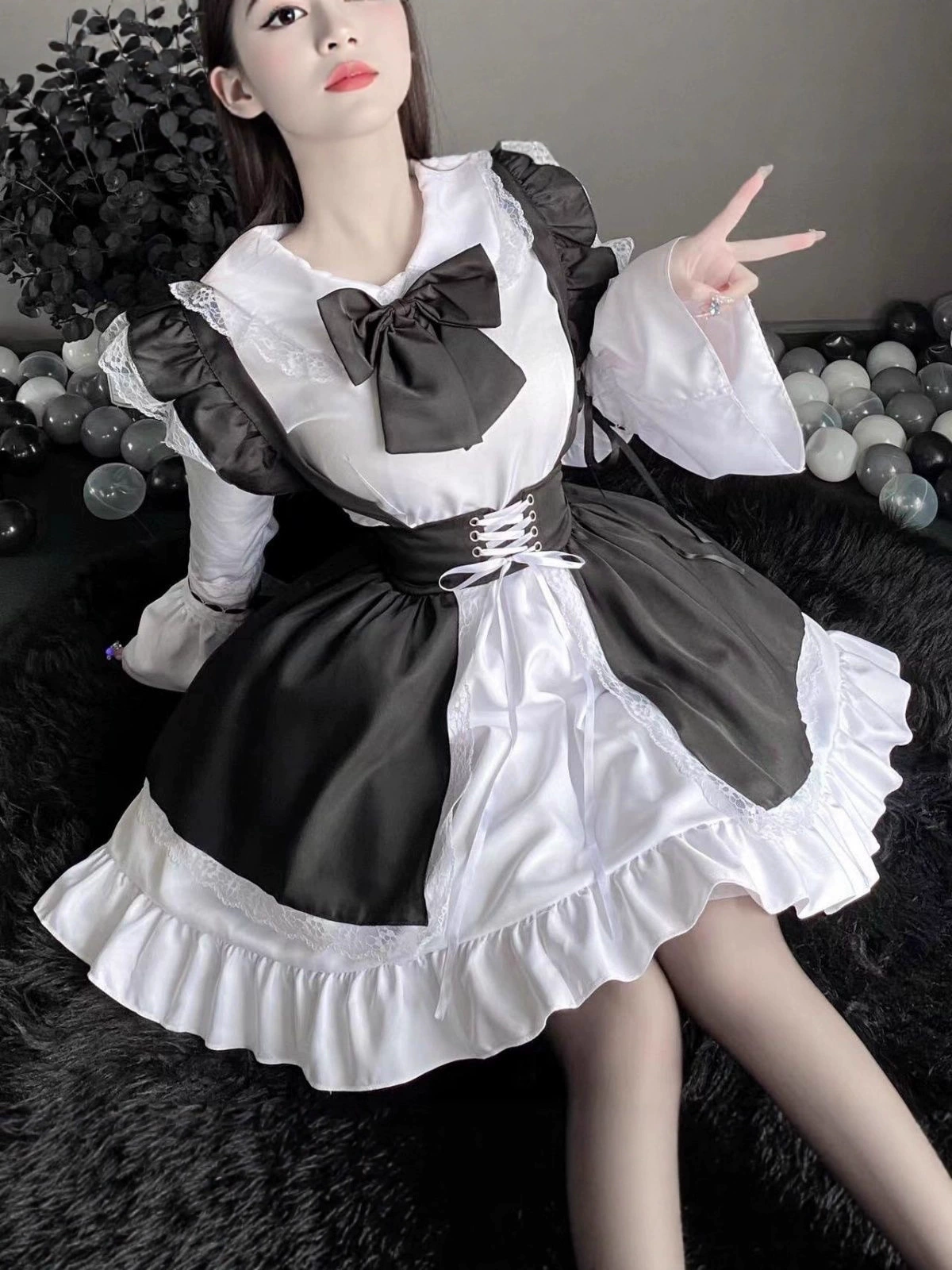Косплей-платье в стиле Lolita, увеличенные размеры, пышные рукава с головным убором — фуксия или чёрный