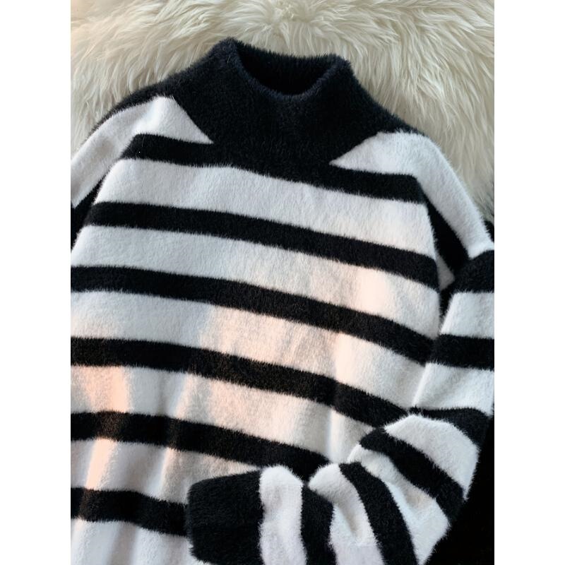 G 24059 Mohair Striped High Neck Sweater Striped Half-High Neck Sweater