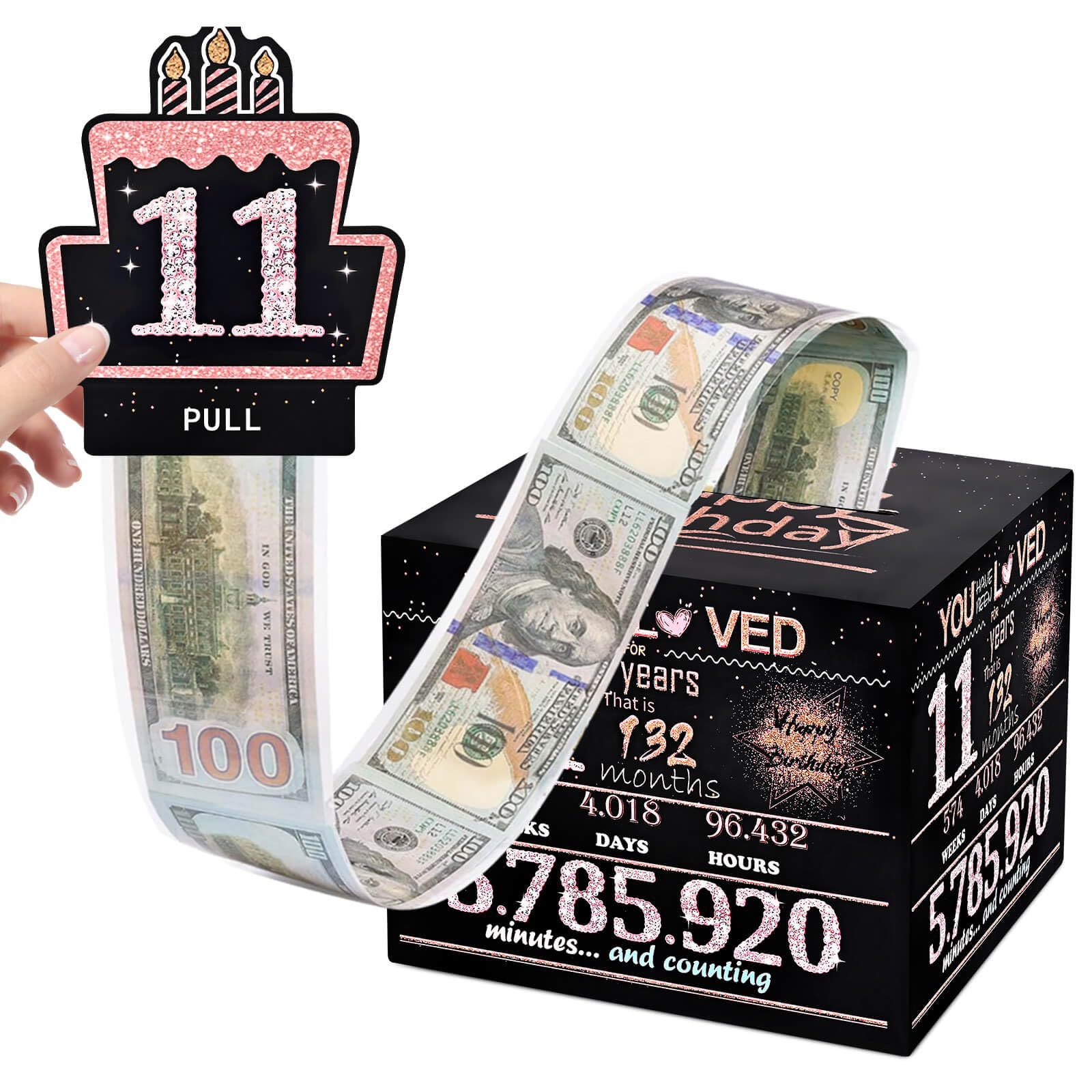 金钱礼品盒女孩的11岁生日装饰品11岁的礼物黑色和玫瑰金纸盒