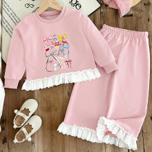 女童秋季新款长袖上衣喇叭裤套装草莓印花蝴蝶结热销韩版洋气欧美