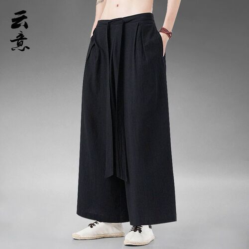 Han Elements Chinese Style Song Pants Ice Silk Skirt Pants Hanfu Tangzhuang Men's Cotton Linen Casual Pants Retro Style Zen Wide Leg Pants