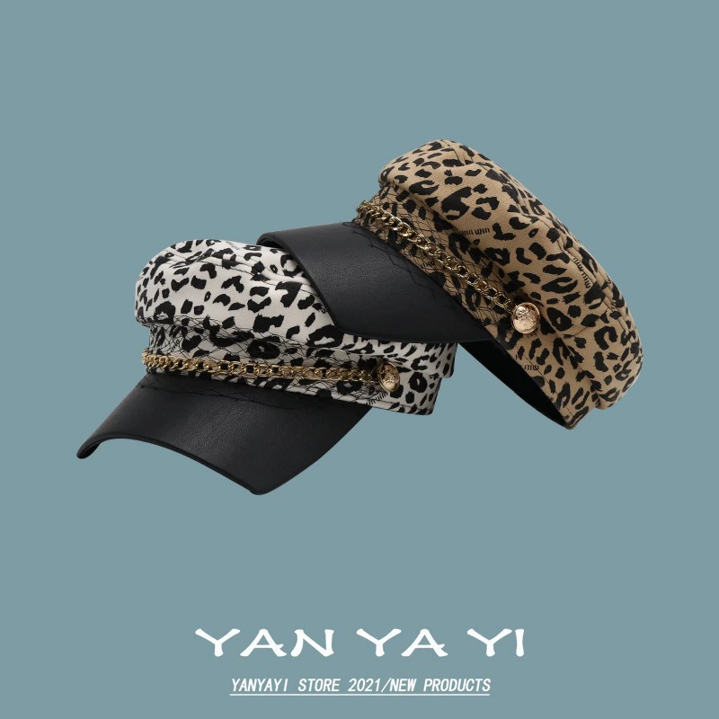 Европейский и американский ретро леопардовый принт взрослая берет модная металлическая цепочка дизайн женская дикая повседневная шляпа оптом