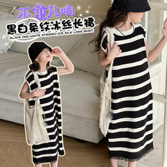 女童公主裙子夏季韓版中大童條紋冰絲無袖背心裙新品小女孩連衣裙