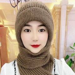 秋冬季帽子围巾一体新款松鼠绒雪帽加绒毛线帽女护耳针织帽批发