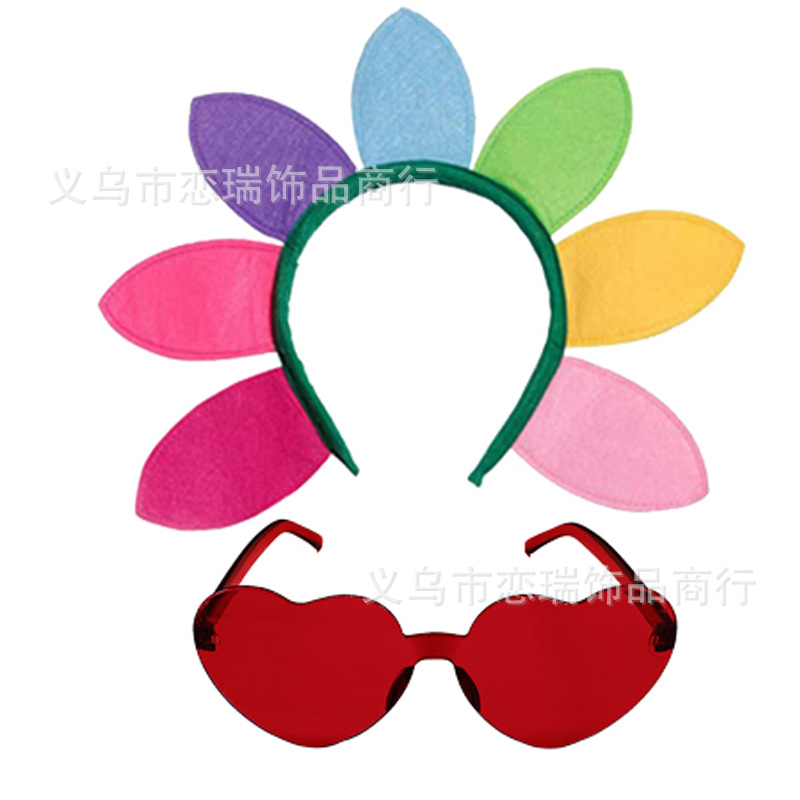 Fiesta de baile Diadema de girasol Color del arco iris Gafas de amor Malla Imagen Falda Pantimedias Combinación Set Spot