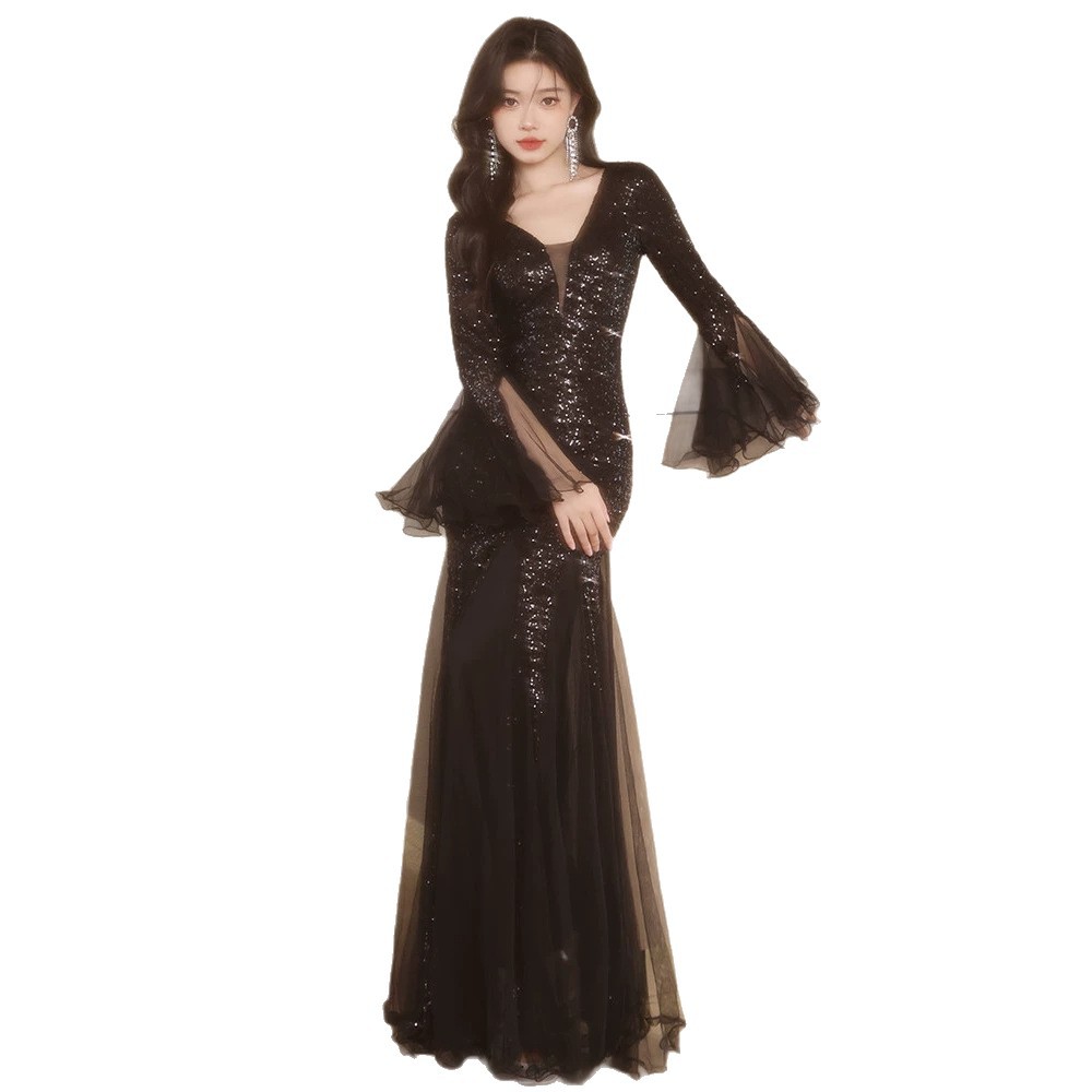New Black Evening Gown For Women Elegant Luxurious Niche Style Mermaid Fit Long Dress With Sequins_ecoleips.com