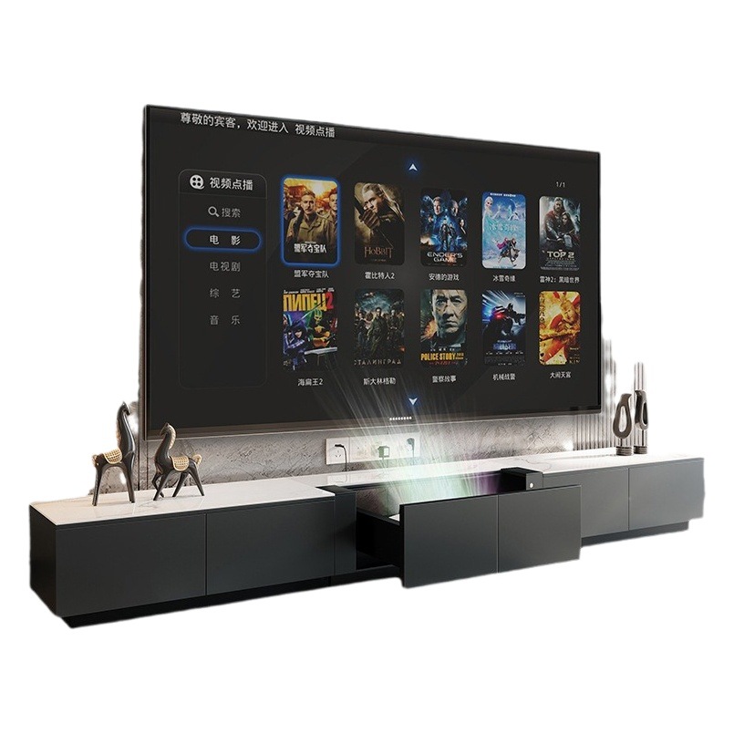 Gabinete de TV láser proyector oculto retráctil eléctrico luz especial piso de lujo gabinete de TV simple Placa de roca gabinete de piso