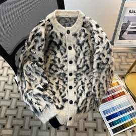 痞帅豹纹开衫毛衣男女秋冬仿貂绒外套宽松潮流美式针织衫