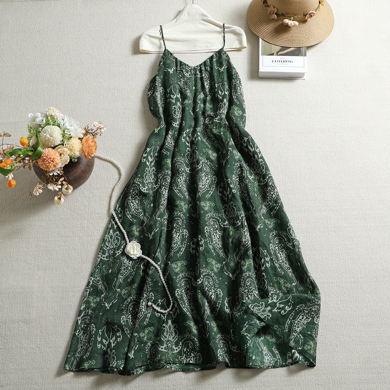 Nanyou Women's New Fashion Top, Old Money Style Ramie Paisley Print Spaghetti Strap Dress, V-Neck, Large Hem, Vacation Style Long Dress Nanyou Women's New Fashion Top, Old Money Style Ramie Paisley Print Spaghetti Strap Dress, V-Neck, Large Hem, Vacation Style Long Dress