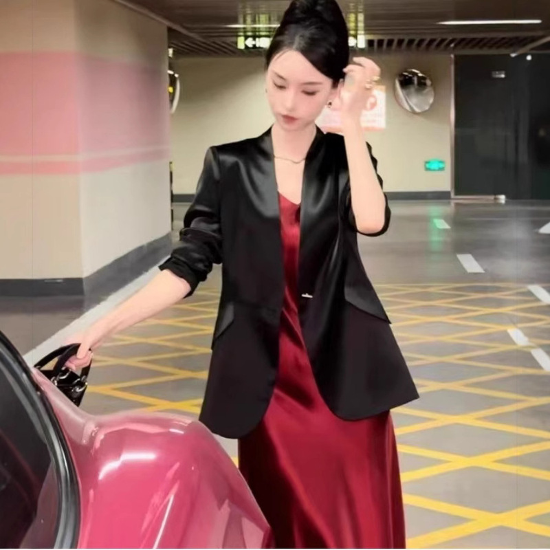 2025 Thin Suit Korean Style Elegant Commuter Slimming Elathe Satin Seven Sleeve Suit Sun-protective Shirt Jacket