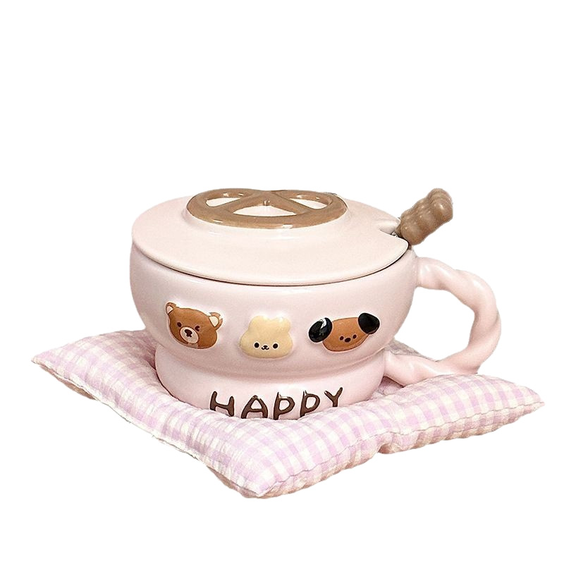 Taza de cerámica Taza de agua para el hogar Taza con tapa Cuchara Regalo de cumpleaños creativo Taza de desayuno femenino Regalo de mano de gran capacidad