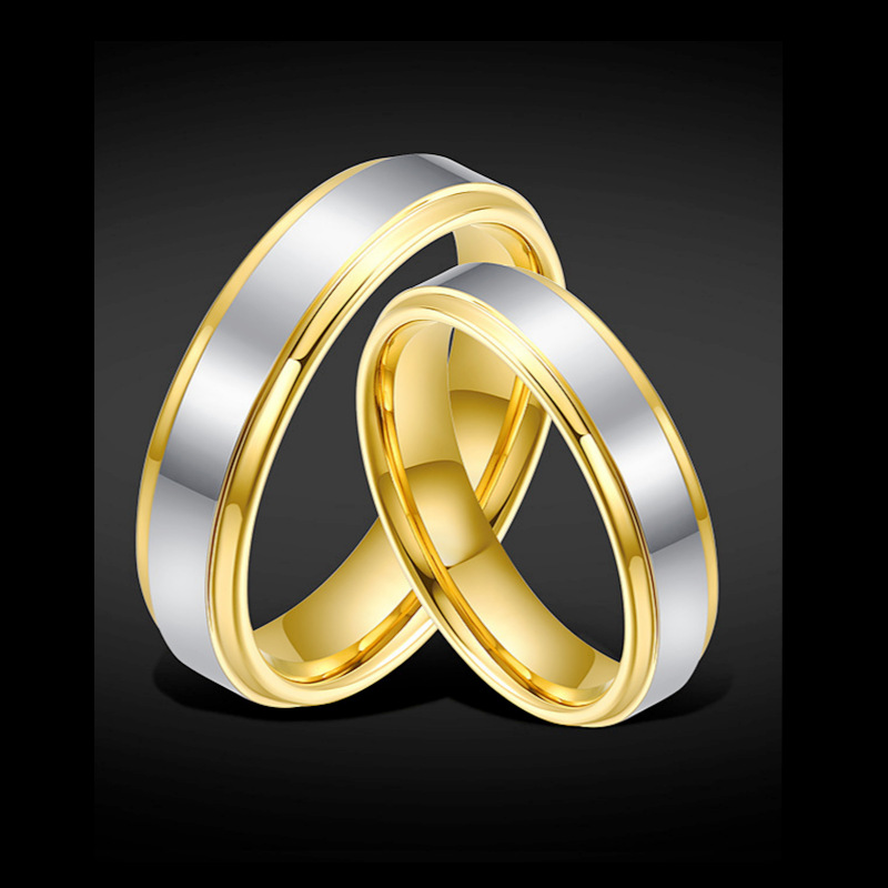 Anillo de pareja de acero titanio de dos colores de oro popular transfronterizo Anillo brillante de acero inoxidable de nicho europeo y americano joyería al por mayor
