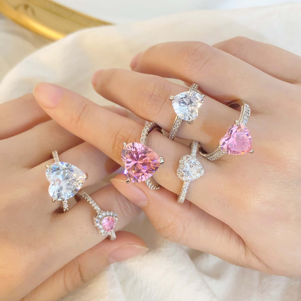 Direct Supply of Cross-Border European and American New Engagement Rings Ins Style Inlaid with Heart-Shaped Pink Diamond Zircon Rings for Couples and Ladies