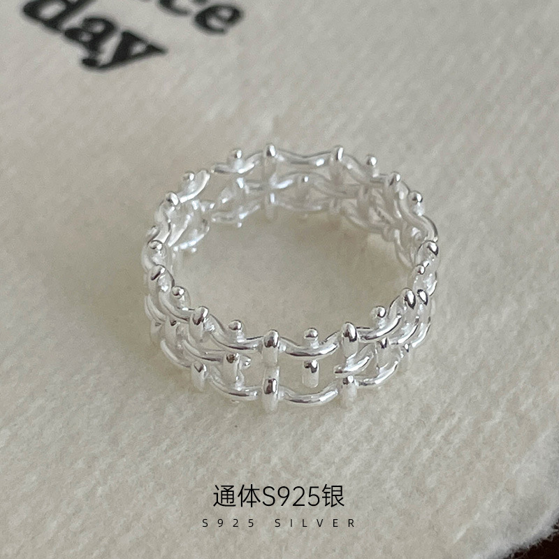 925純銀編織素圈戒指女簡約小眾設計線條食指戒纏繞柵格開口戒指