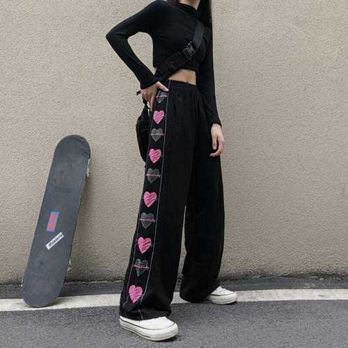 Spring Autumn New Love Leisure Sports Pants for Women Plus Size Large Women Harajuku Style Street High Straight Leg Pants