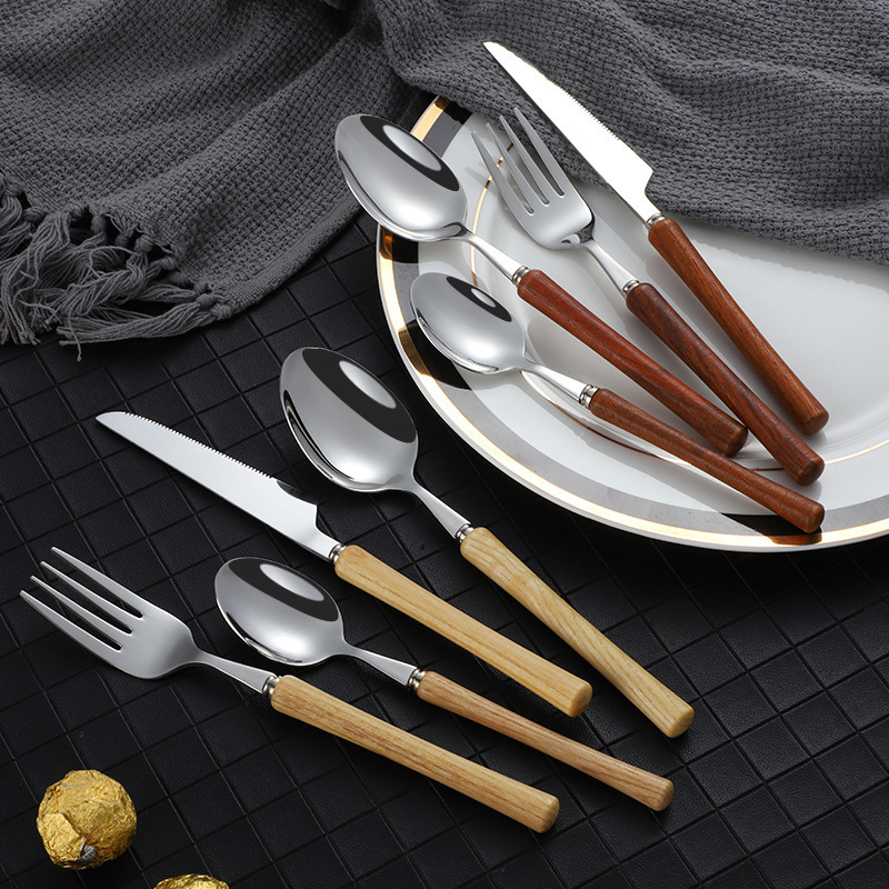日本製 304 ステンレス鋼のナイフ、フォーク、スプーン、高級木製ハンドル食器、家庭用高見え木製ハンドルステーキナイフ、デザートスプーン|undefined